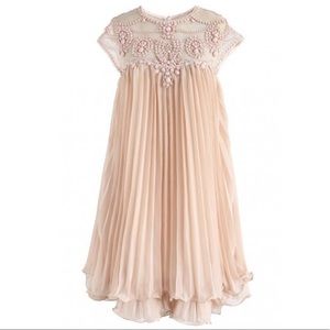 Beads Embellished Pleated Dolly Dress in Nude Pink